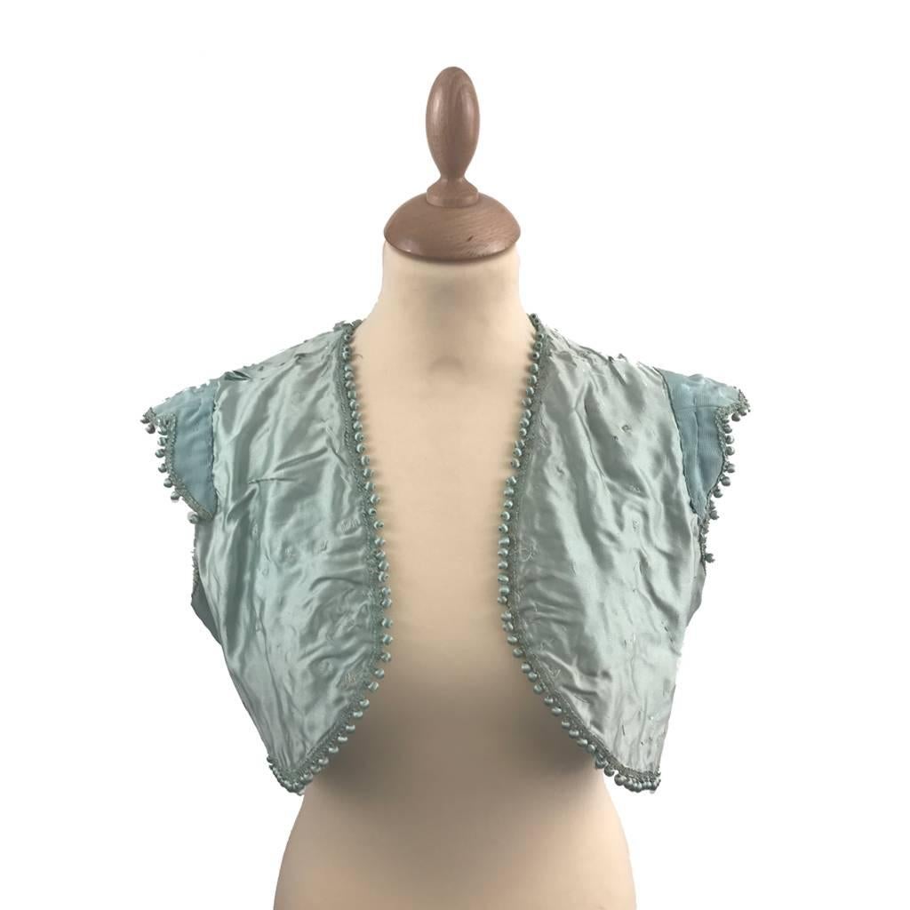 Gray 1860s Embroidered Aqua Blue Silk Grosgrain Theatrical Bolero Vest Cap Sleeves For Sale
