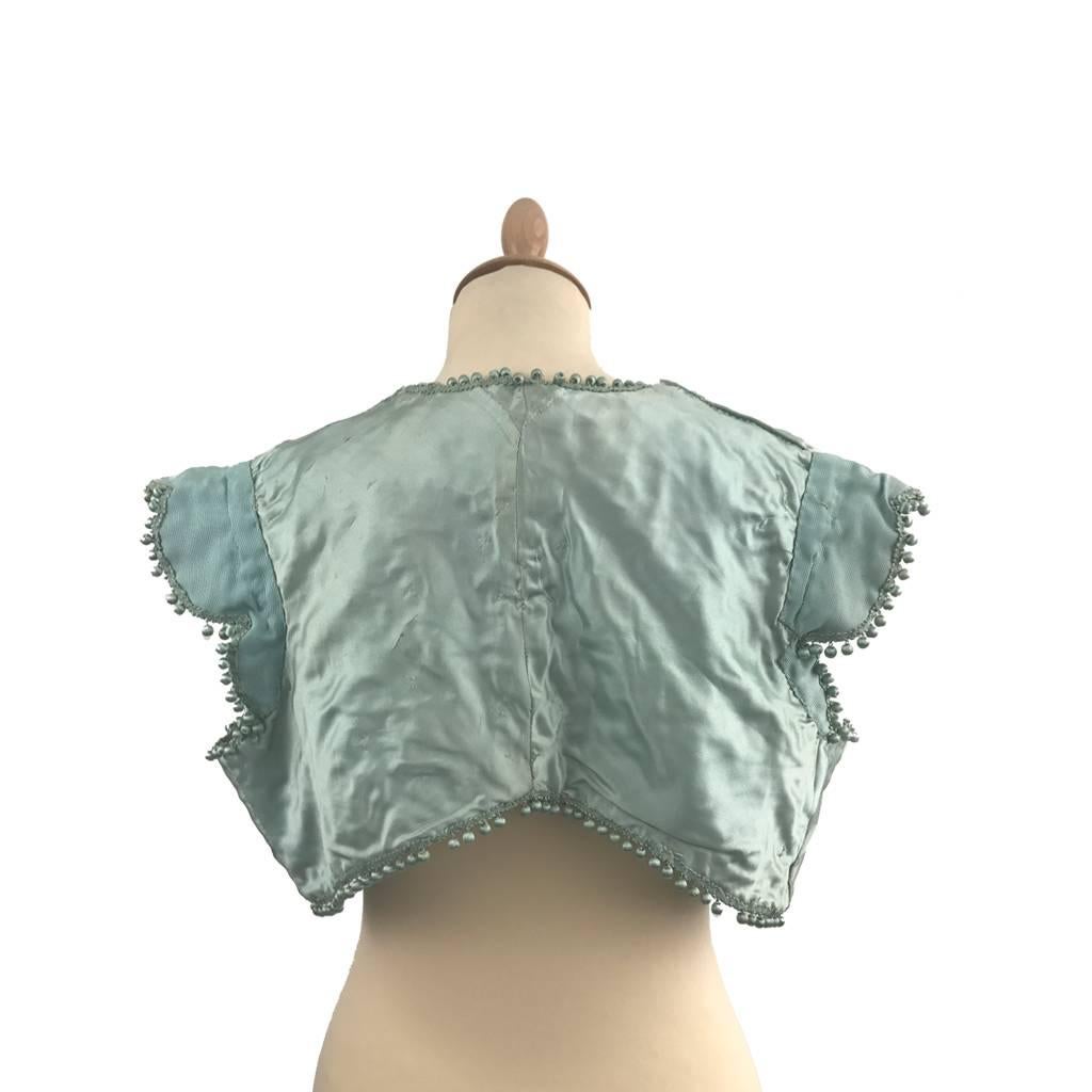 1860s Embroidered Aqua Blue Silk Grosgrain Theatrical Bolero Vest Cap Sleeves In Good Condition For Sale In London, GB