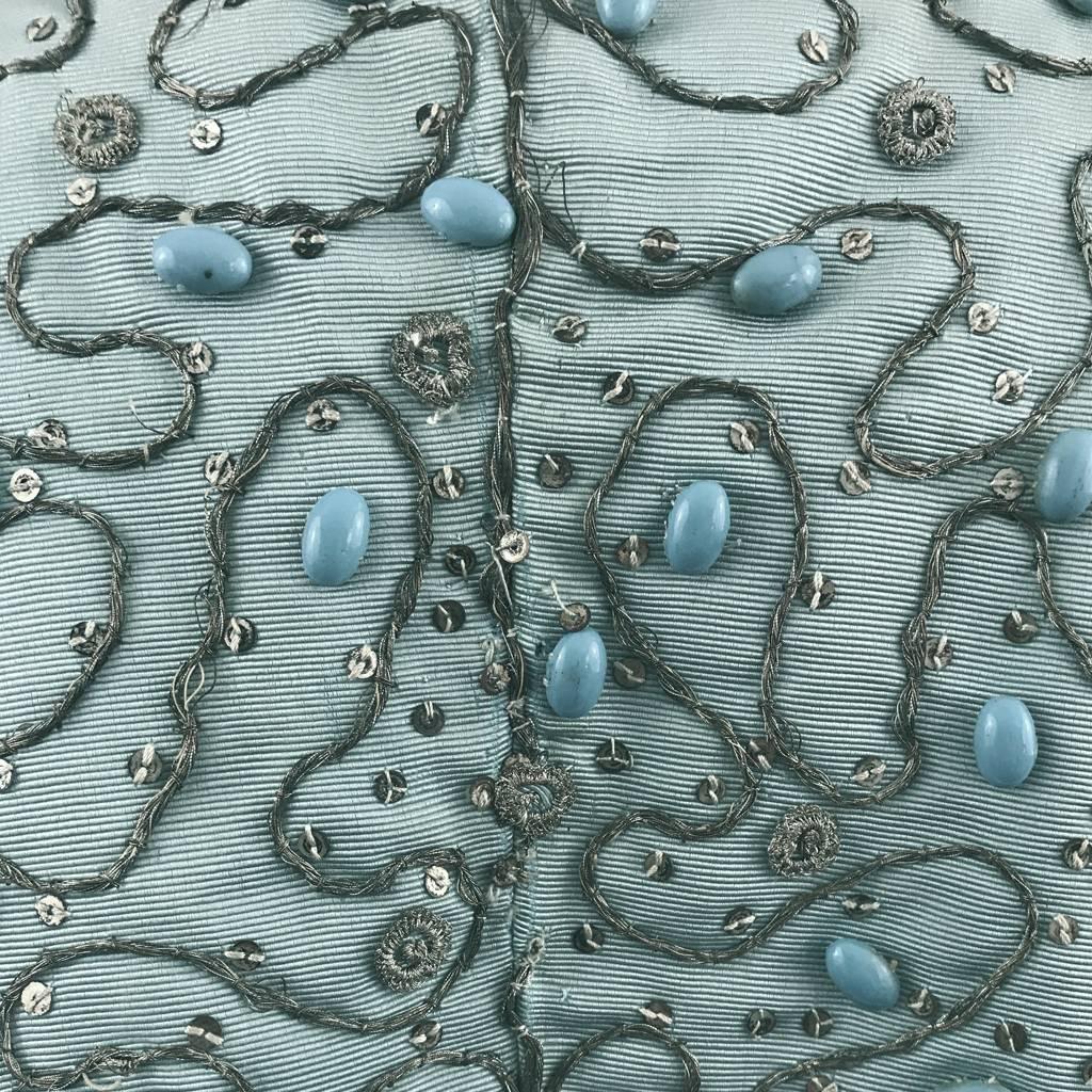 1860s Embroidered Aqua Blue Silk Grosgrain Theatrical Bolero Vest Cap Sleeves For Sale 1