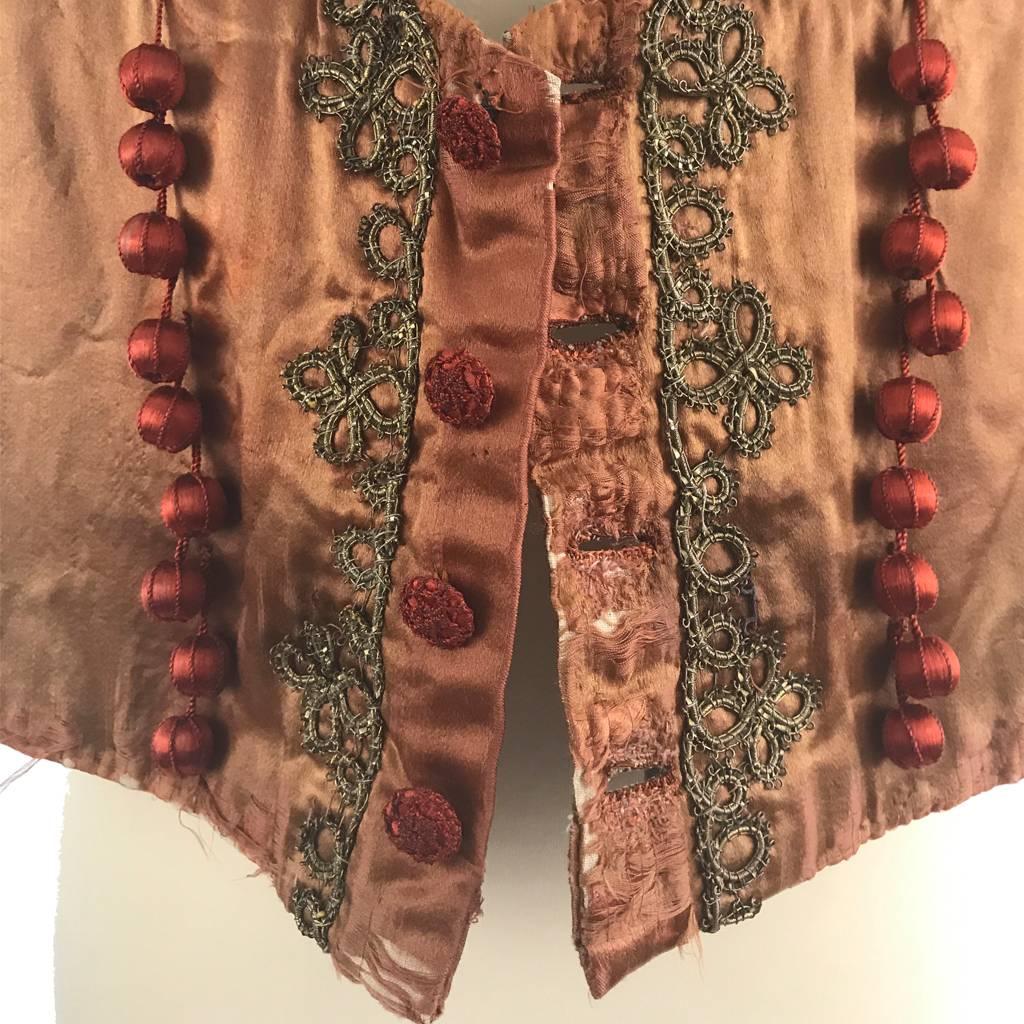 1900 Man’s Theatrical Waistcoat Bronze Silk Duchess Satin, Embellishments  For Sale 4