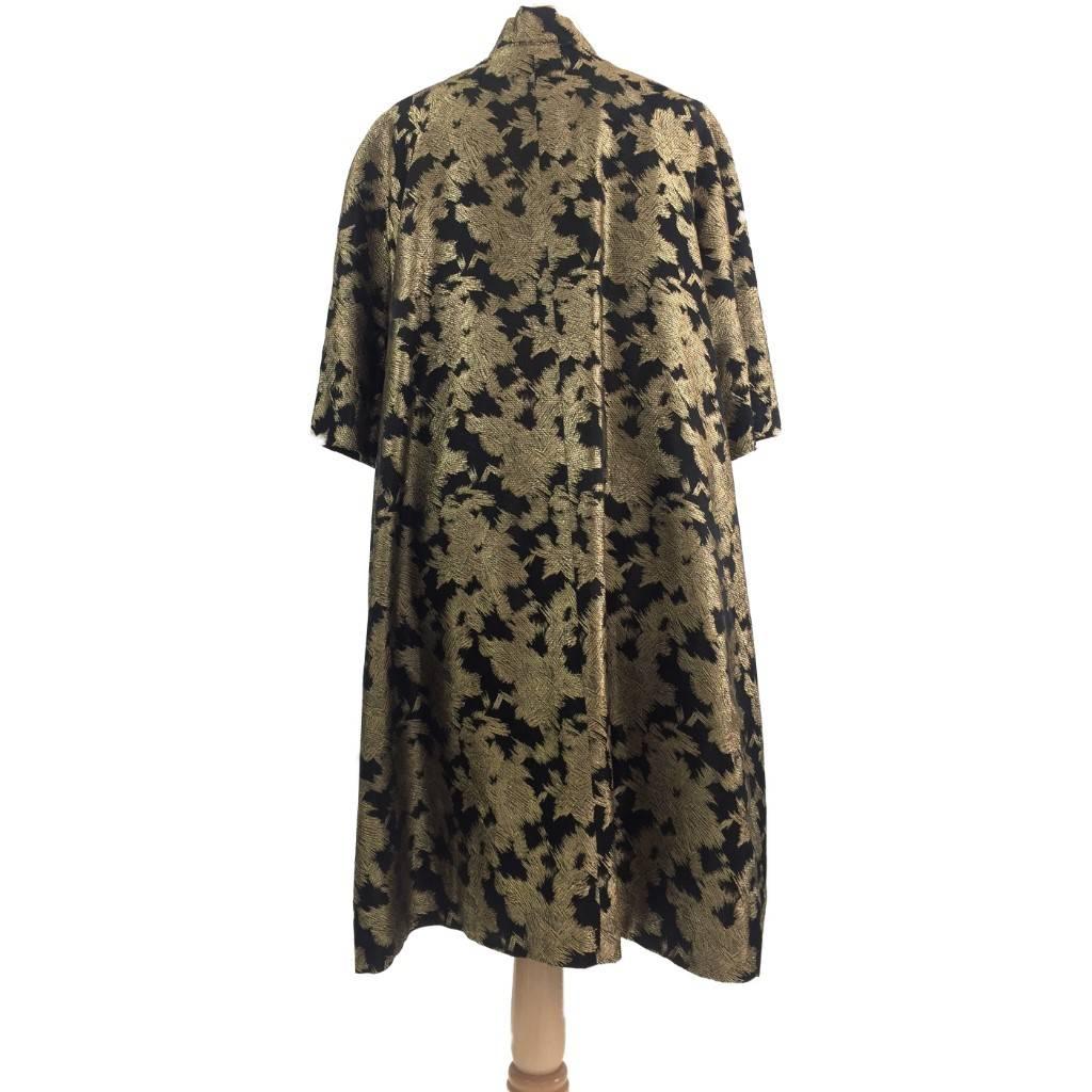 Women's Gold and Black Brocade Three Quarter Sleeve Swing Evening Coat, 1950s  For Sale