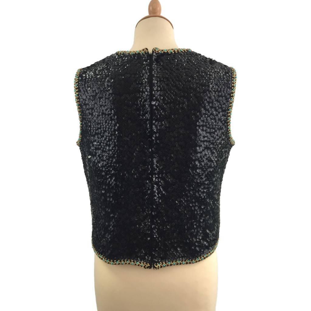 Black 1960s Lovely – Made in Hong Kong black sequinned Trompe L’Oeil  Tank Top For Sale