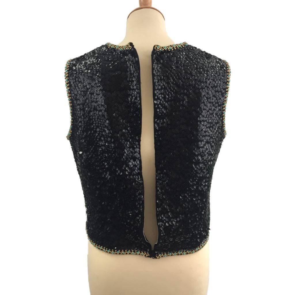 1960s Lovely – Made in Hong Kong black sequinned Trompe L’Oeil  Tank Top In Good Condition For Sale In London, GB