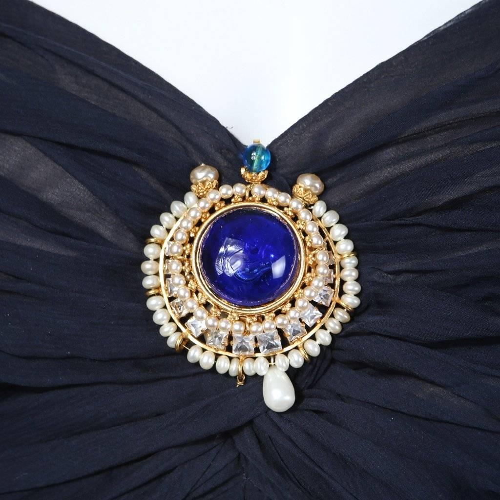 Black Chanel Haute Couture Navy Chiffon Gown with Gripoix Brooch