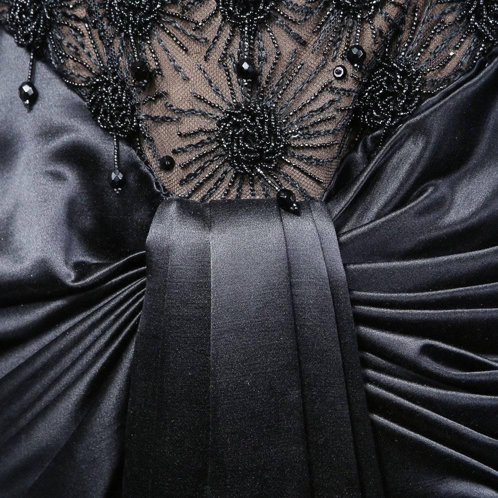 Black Yves Saint Laurent Haute Couture Satin Beaded Gown 1980s