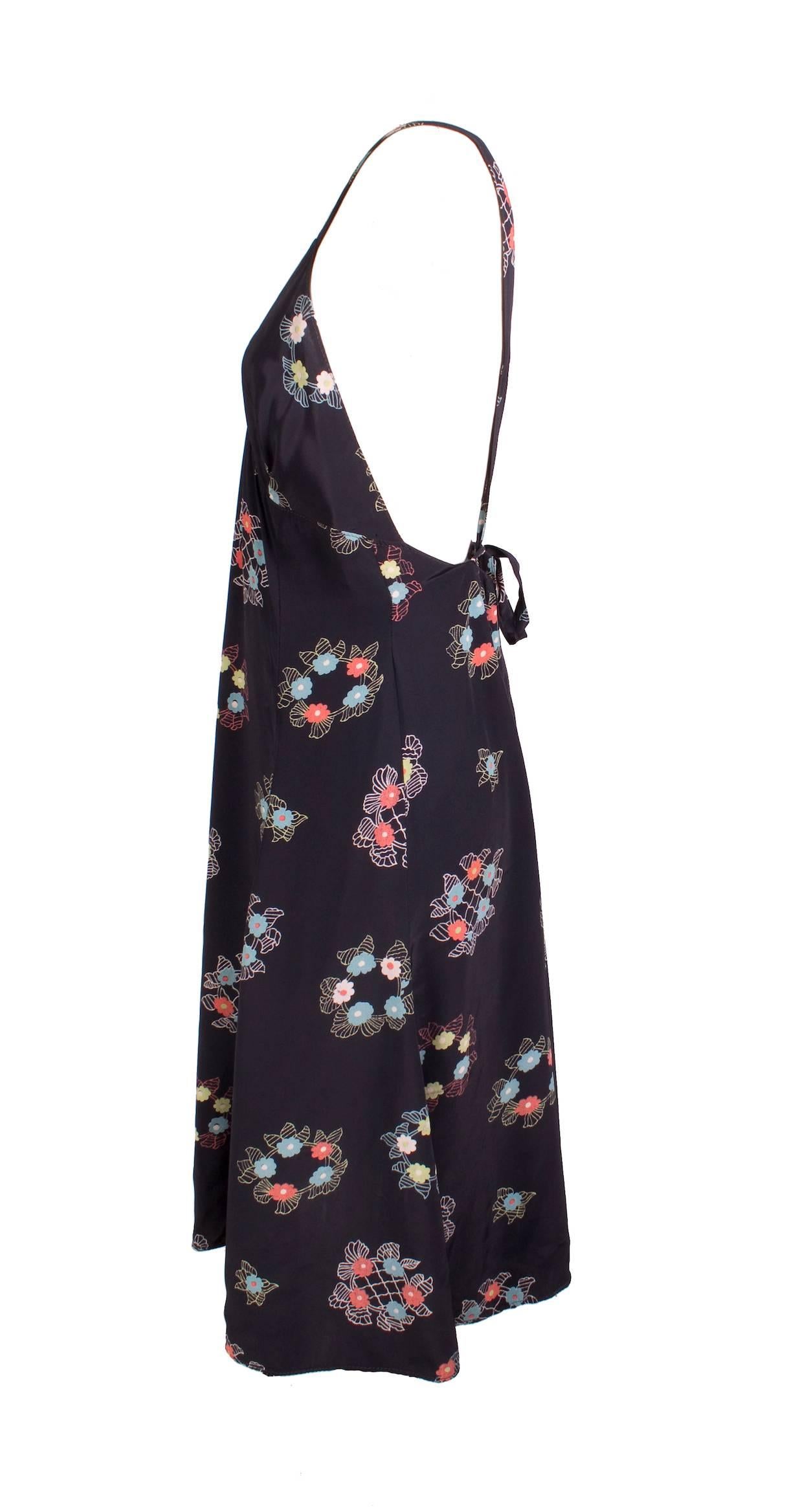 Black Ossie Clark Silk Chiffon Floral Print Dress circa 1970s