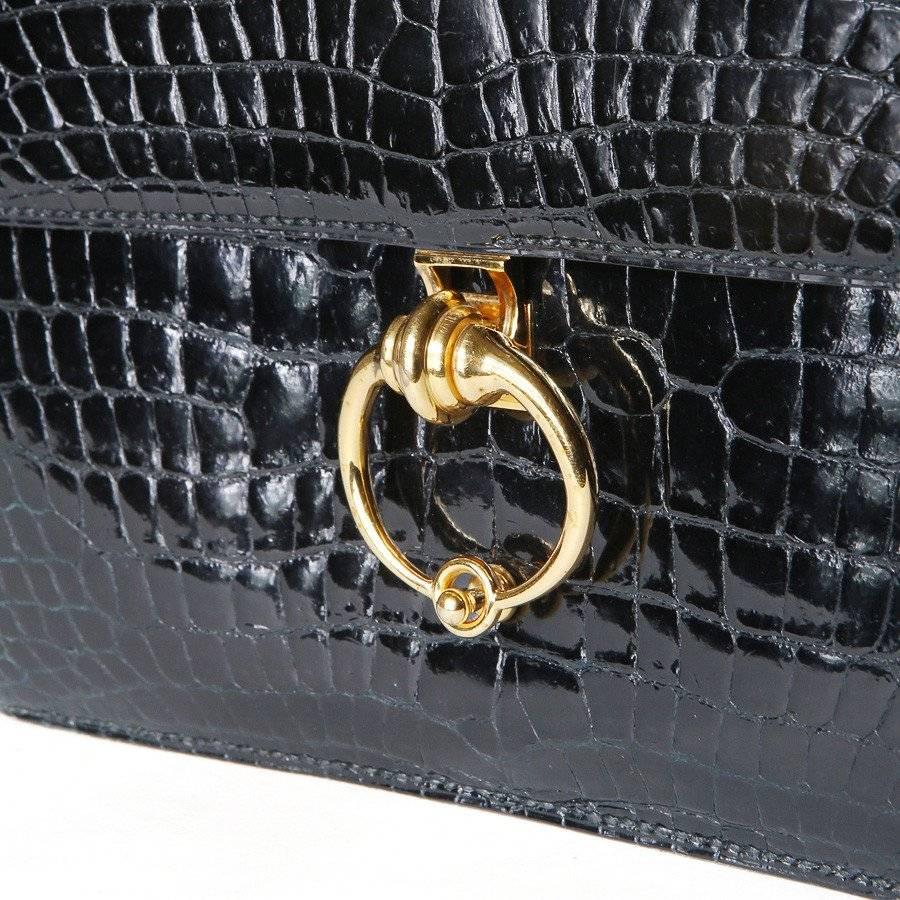Women's Hermes Black Patent Crocodile Shoulder Bag from 1986