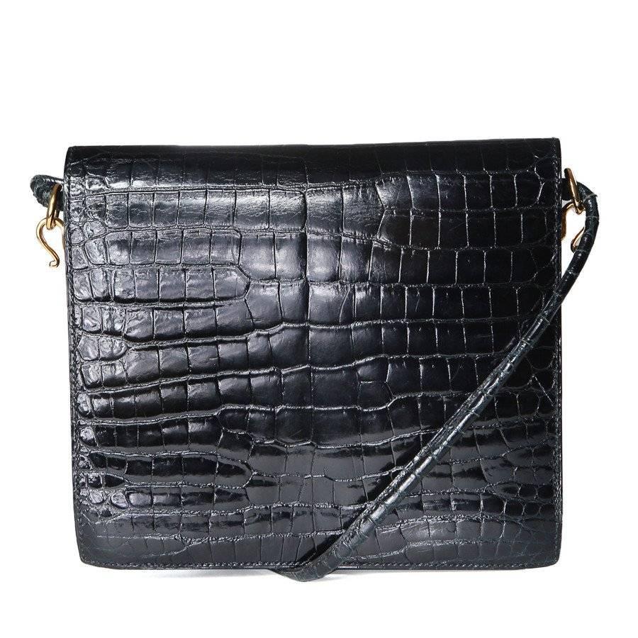Hermes Black Patent Crocodile Shoulder Bag from 1986 In Excellent Condition In Los Angeles, CA