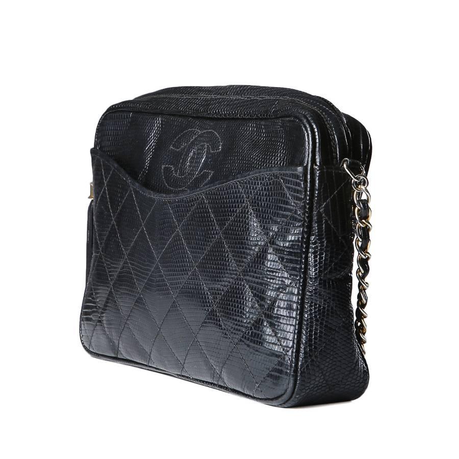 Black Chanel Quilted Lizard Shoulder Bag circa 1987