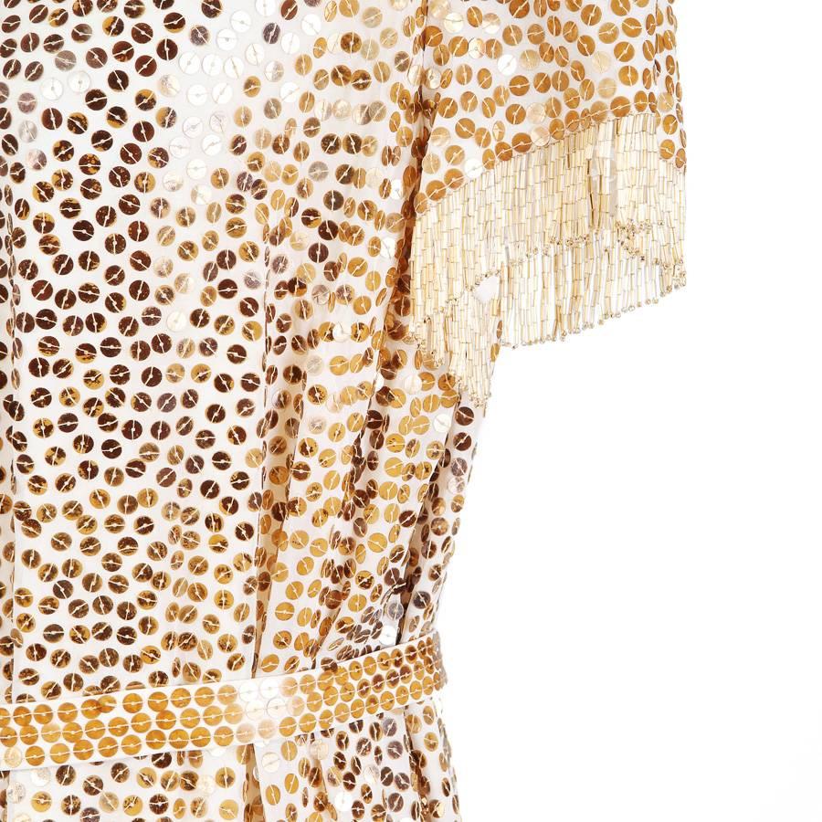 Beige Norman Norell Sequin and Fringe Shift Dress circa 1960s