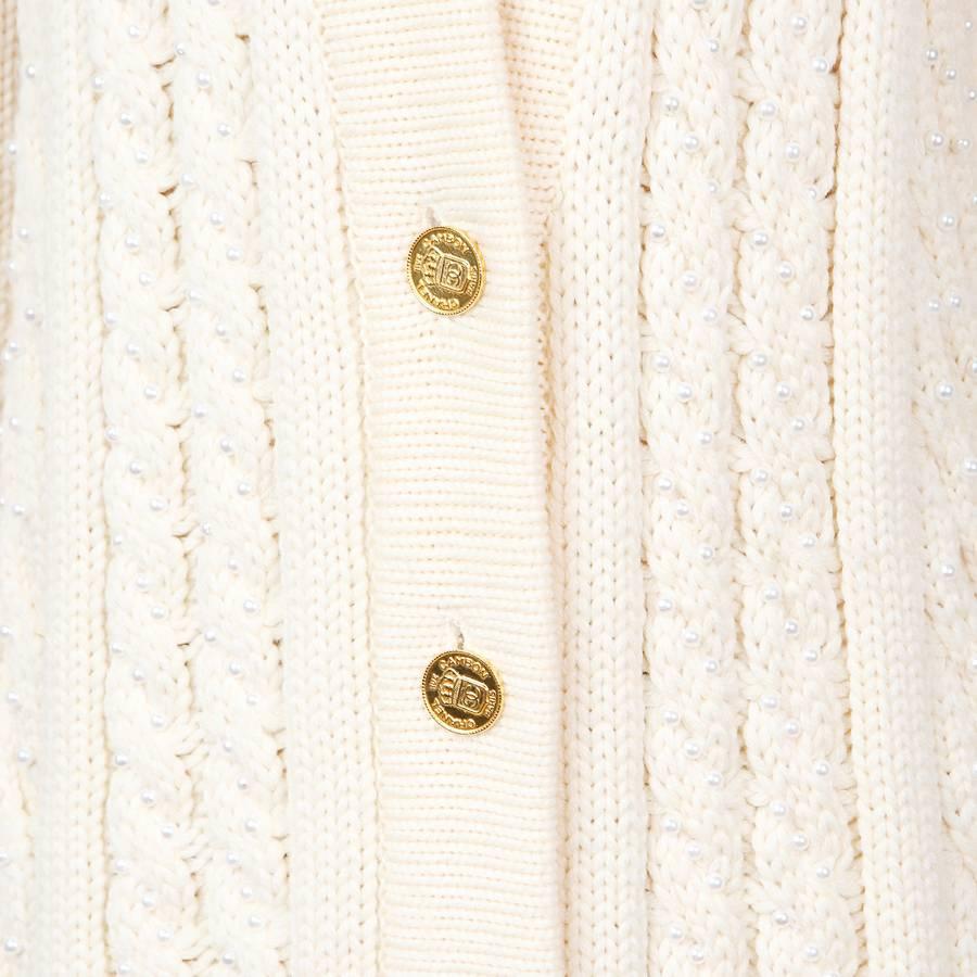 Beige Chanel Cream Colored Merino Wool Long Cardigan with Pearls circa 1990s