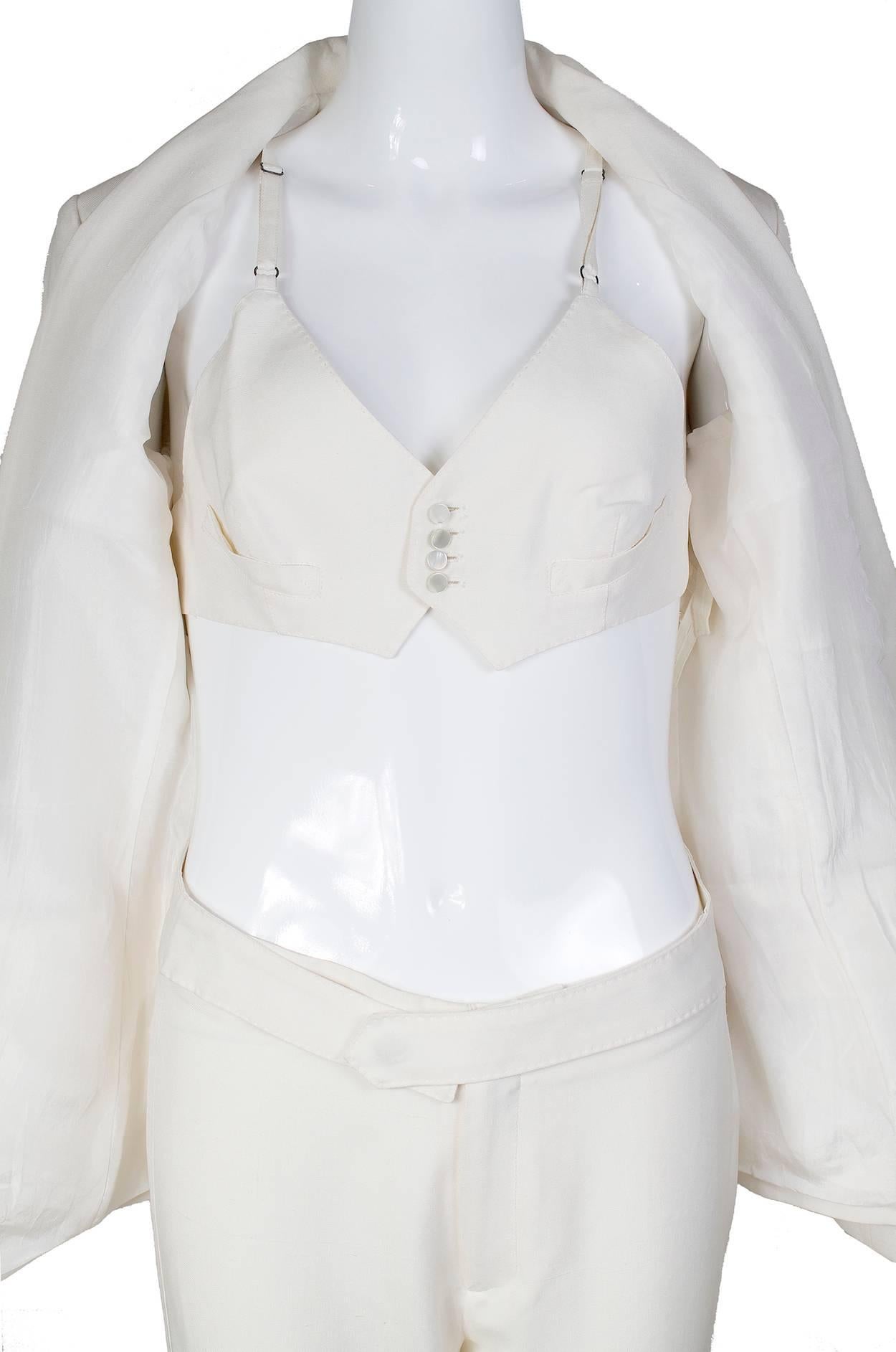 Jean Paul Gaultier Cream Silk Suit with Attached Matching Bra circa 1980s/1990s In Good Condition In Los Angeles, CA
