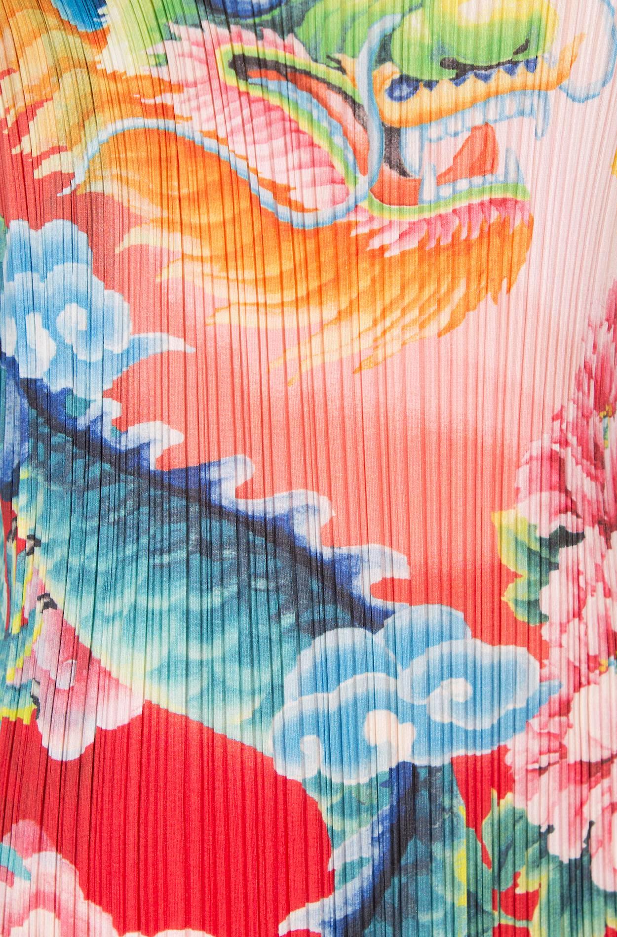 Beige Issey Miyake Pleated Stretch Silk Dress with Dragon Print circa 1990s