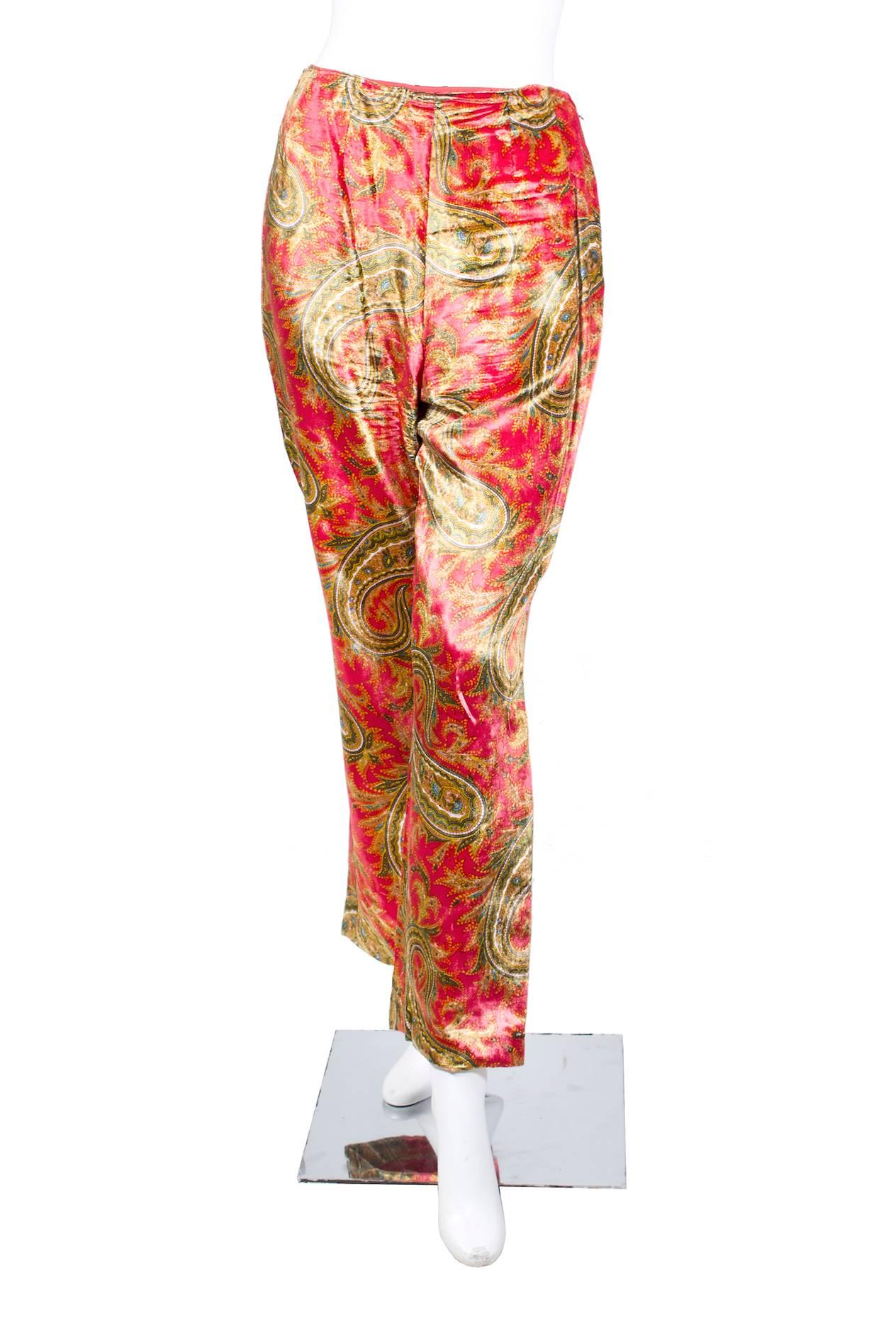 Orange Bill Blass Velvet Pant and Jacket Set with Paisley Print circa 1960s/1970s