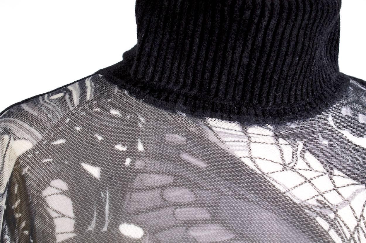 Gray Jean Paul Gaultier Printed Mesh Turtleneck Top w/ Knit Collar/Cuffs circa 2000s