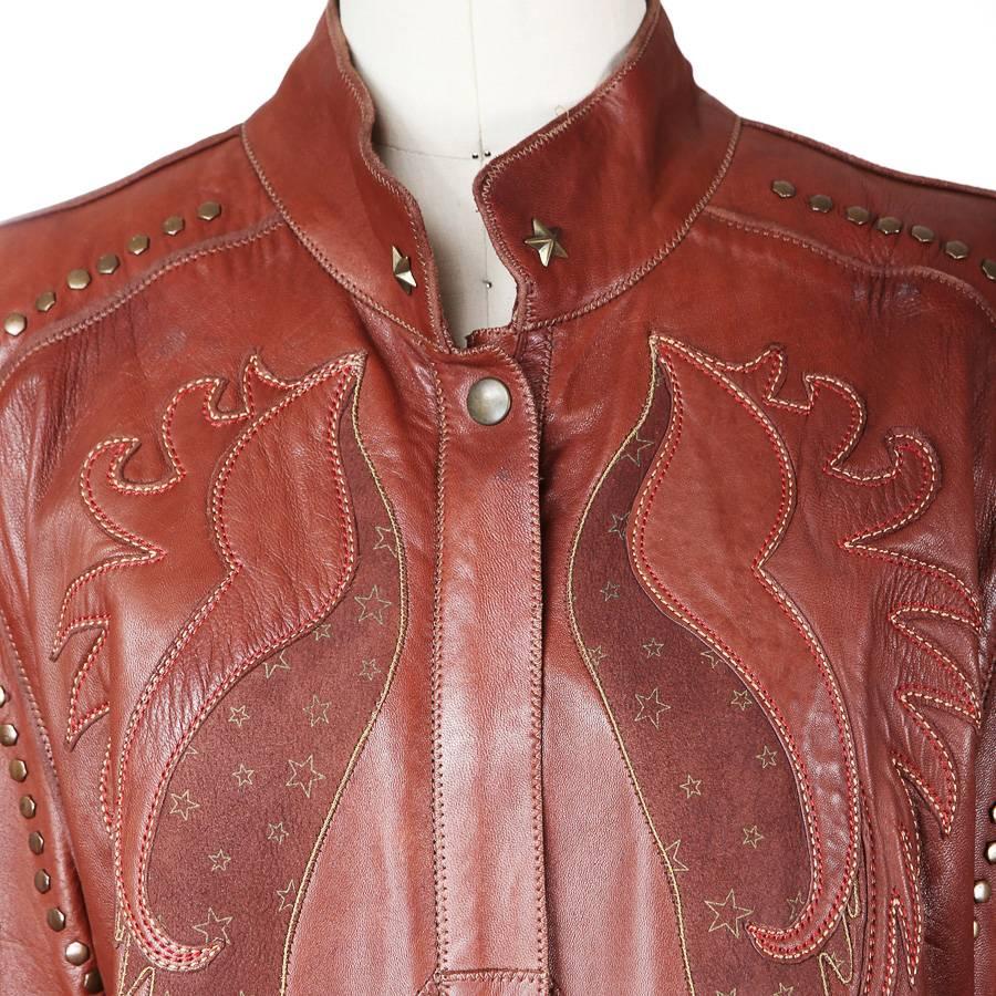 Roberto Cavalli Brown Leather Jacket with Eagle Design circa 1980s In Excellent Condition In Los Angeles, CA