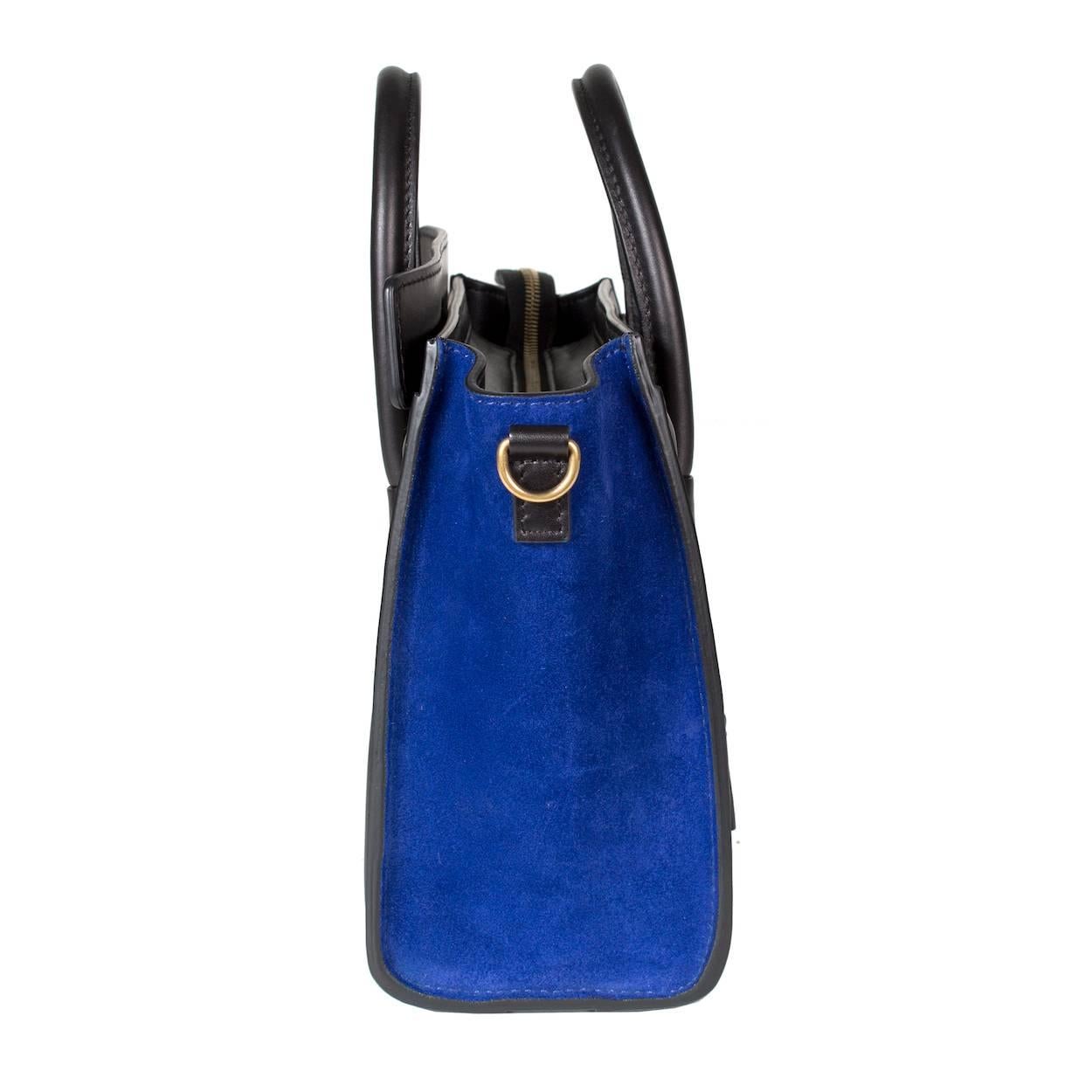 Celine Mini Tote in Black and Taupe rather with Royal Blue Suede In Excellent Condition In Los Angeles, CA