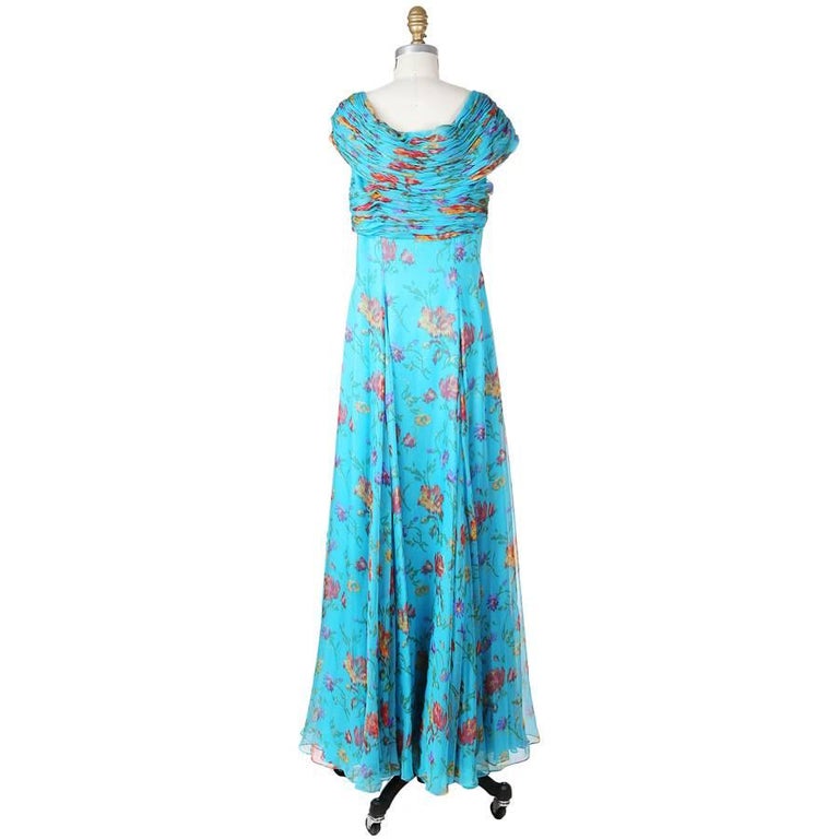 Oscar De La Renta Floral Print Silk Gown with Ruching For Sale at 1stDibs