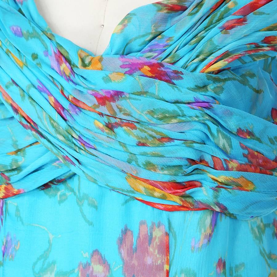 Blue Oscar De La Renta Floral Print Silk Gown with Ruching