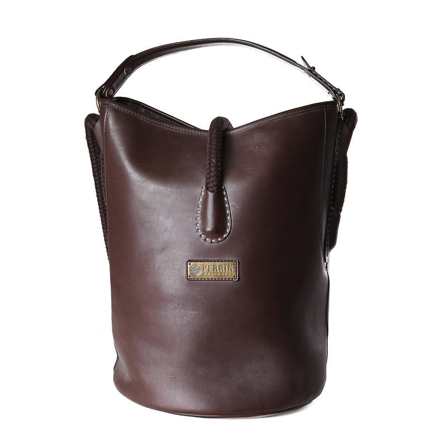 Perrin Paris Chocolate Brown Leather Bucket Bag with Rope Strap