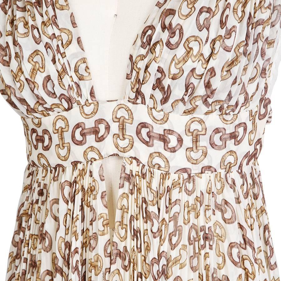 Beige Gucci Silk Dress with Pleating in Horsebit Print
