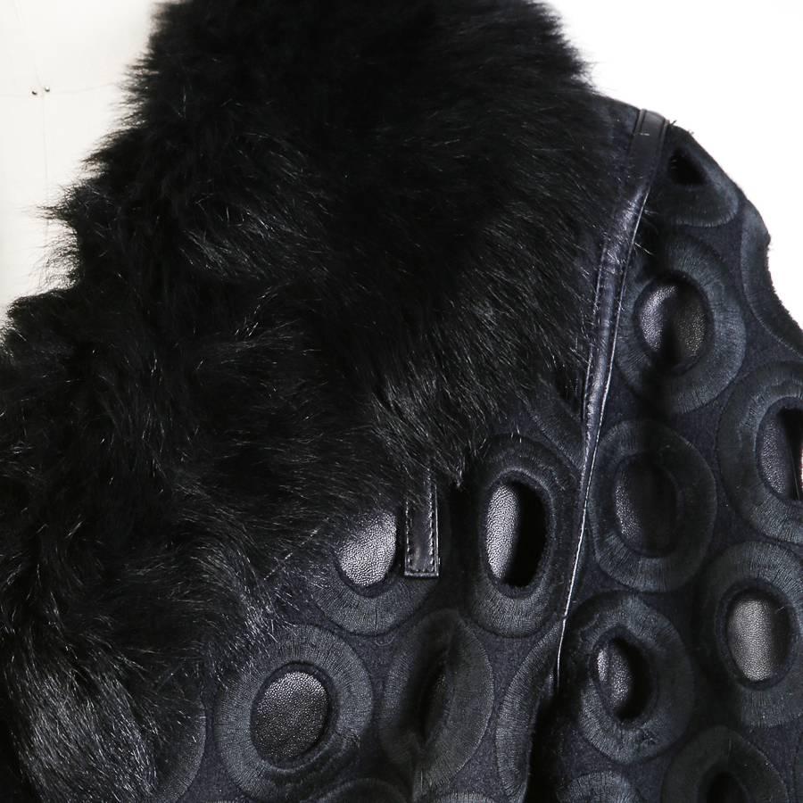 Black Marc Jacobs Wool and Leather Coat with Faux Fur Collar and Circular Cut Outs