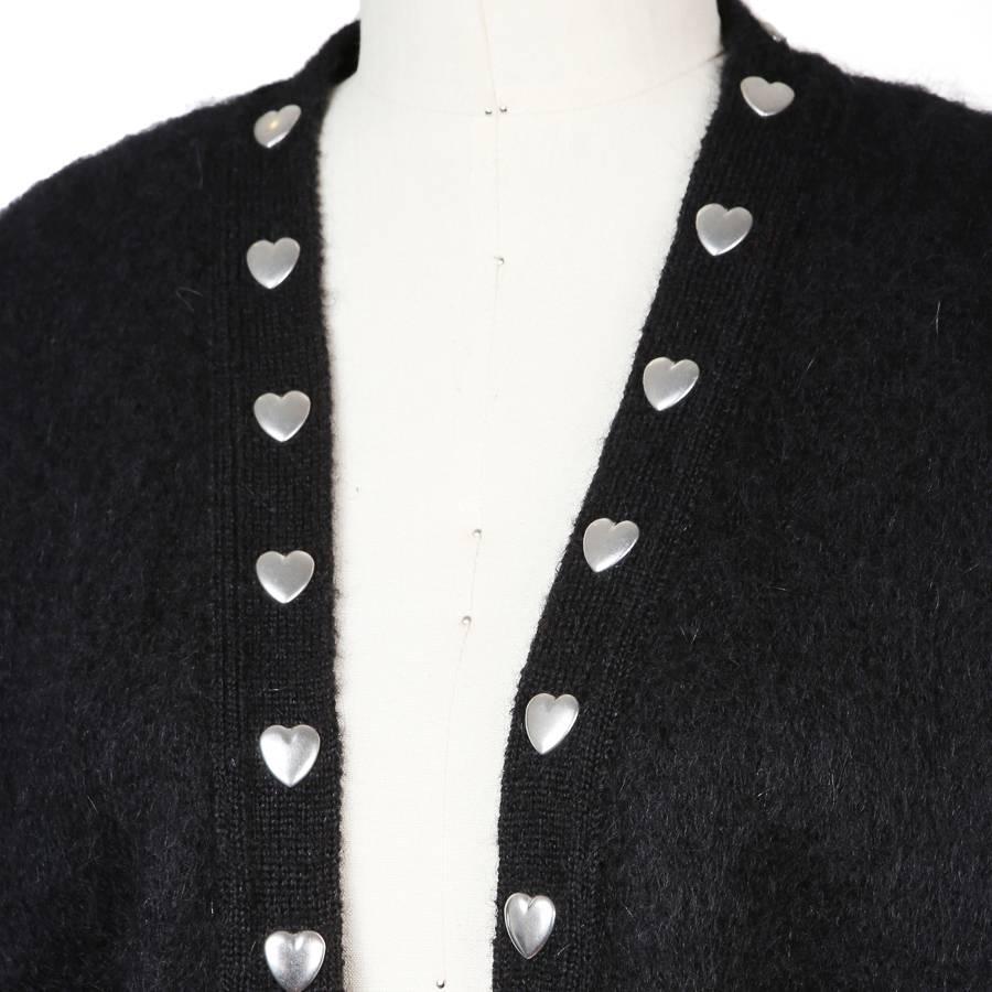 Saint Laurent Black Mohair Cardigan with Silver Metal Hearts In Excellent Condition In Los Angeles, CA