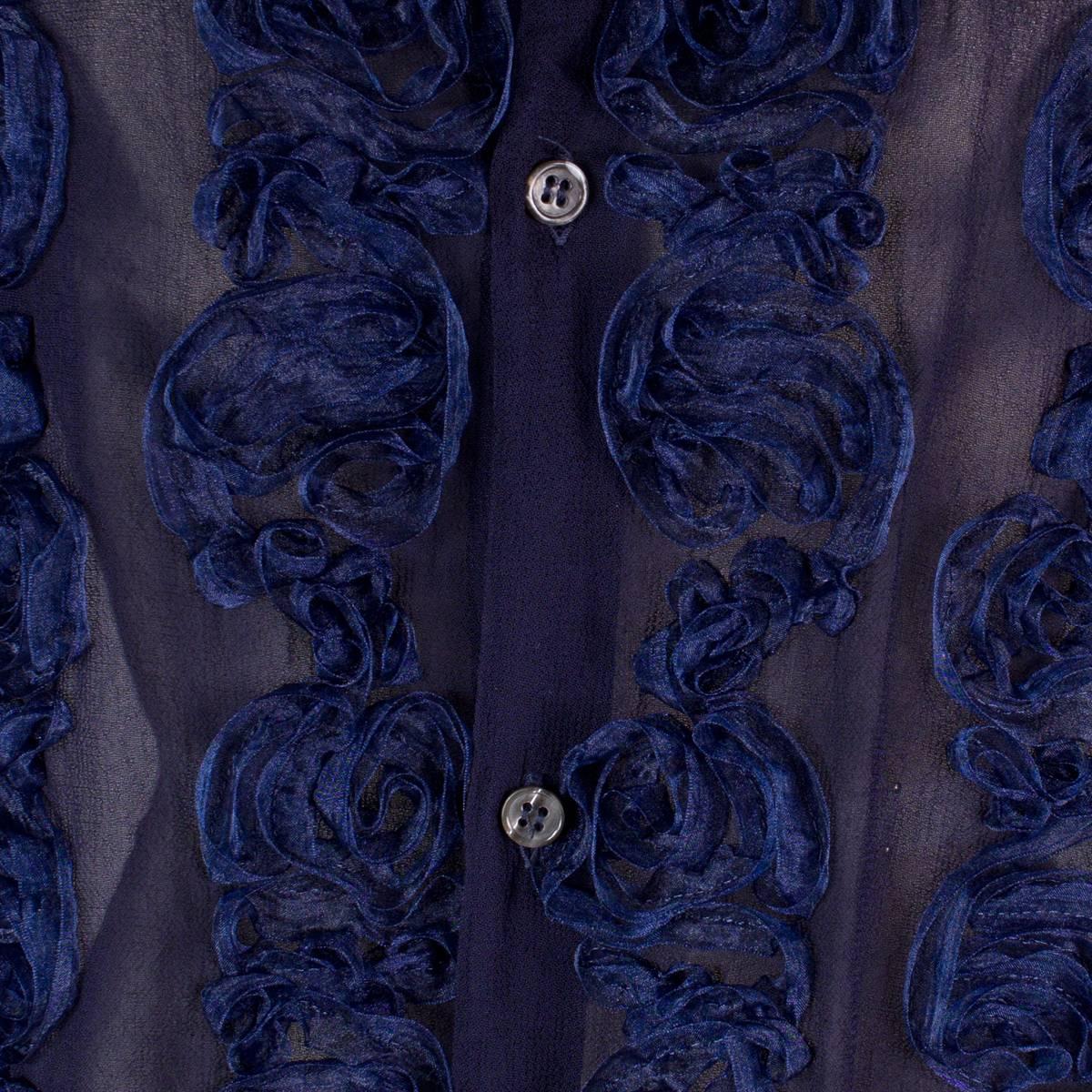 Black Comme Des Garcons Navy Blue Sheer Button Down with Rosettes
