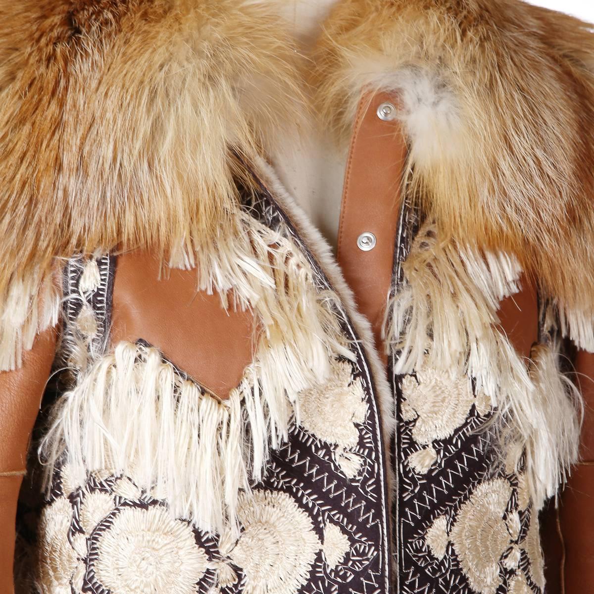 Brown Tan Leather Coat with Embroidery, Fringe, and Fur Collar, Fall 2016