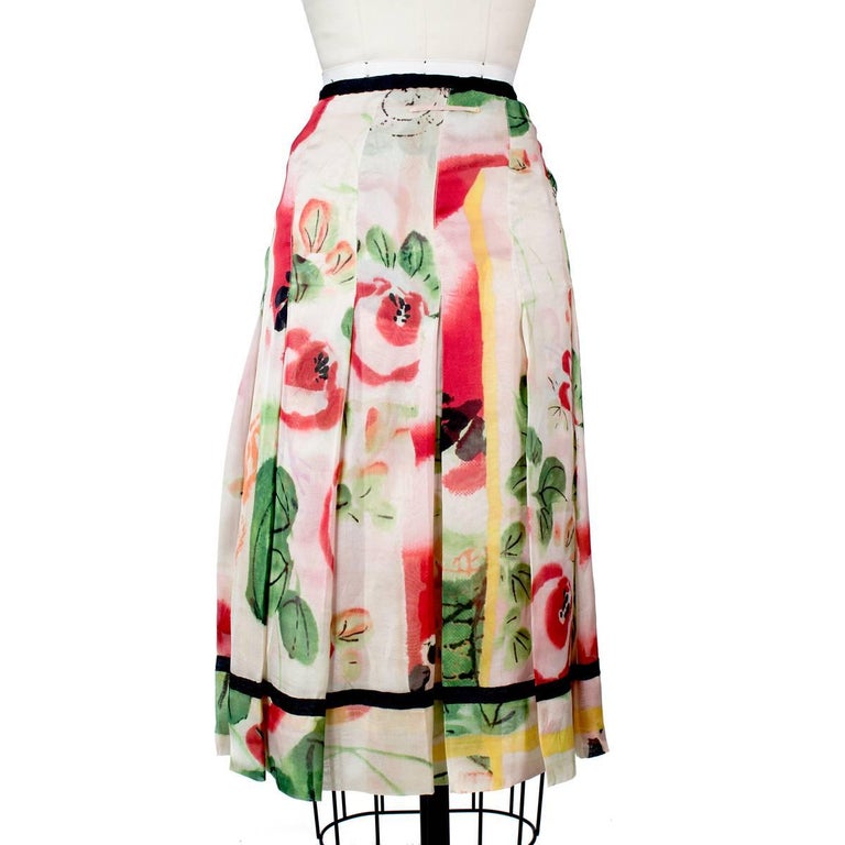 Jean Paul Gaultier Pleated Silk Floral Skirt For Sale at 1stDibs