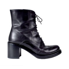 Miu Miu Black Leather Brogue Boots with Heel