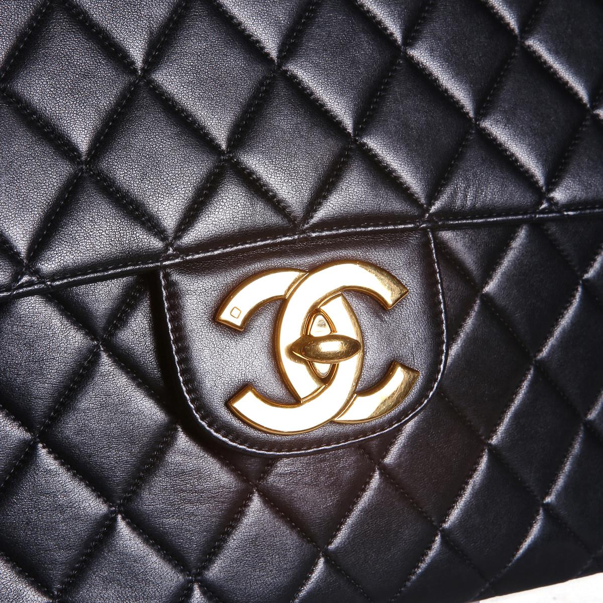 Women's or Men's Chanel Quilted Black Leather Jumbo Flap Bag, 1996-1997