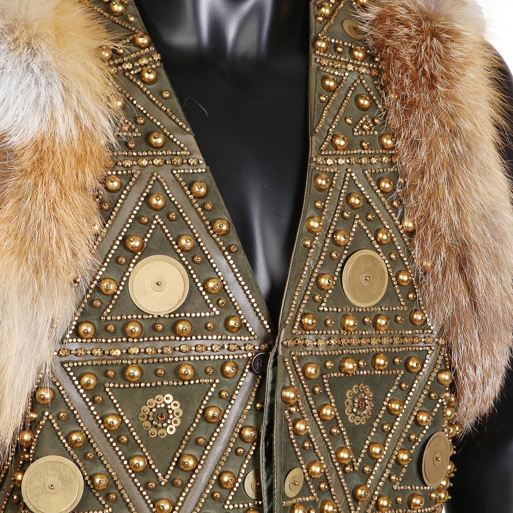 Brown John Galliano Embellished Green Leather Vest with Fur Trim, 2000s