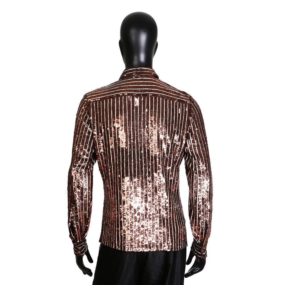 Men's shirt by Jean Paul Gaultier
Vertical stripes in copper and white sequins 
Snap button closures down front
Condition: Great, with some very minor areas of missing sequins

Size/Measurements:
Labelled shirt size 16 / 41
21.5