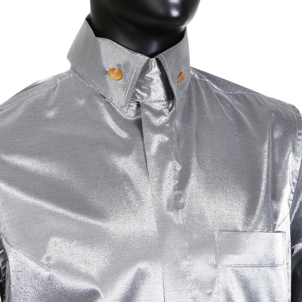 metallic silver button down shirt