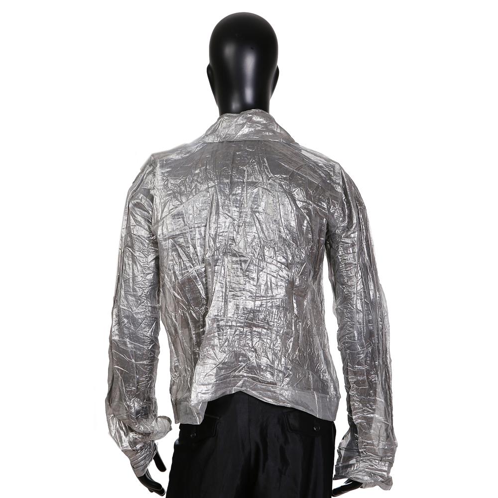 Men's shirt by Issey Miyake
Lightweight silver fabric with crinkled texture
Hanging left chest pocket 
Oversize collar
Zipper closure in front
Condition: Excellent

Size/Measurements:
Approx. size large
28