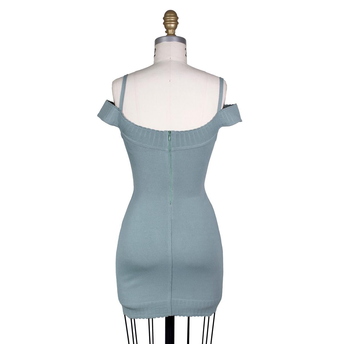 
Dress by Azzedine Alaia
Seafoam green stretch knit
Off shoulder strap detail
Condition: Excellent new with tags, NWT

Size/Measurements:
Labelled size XS (this piece stretches)
23