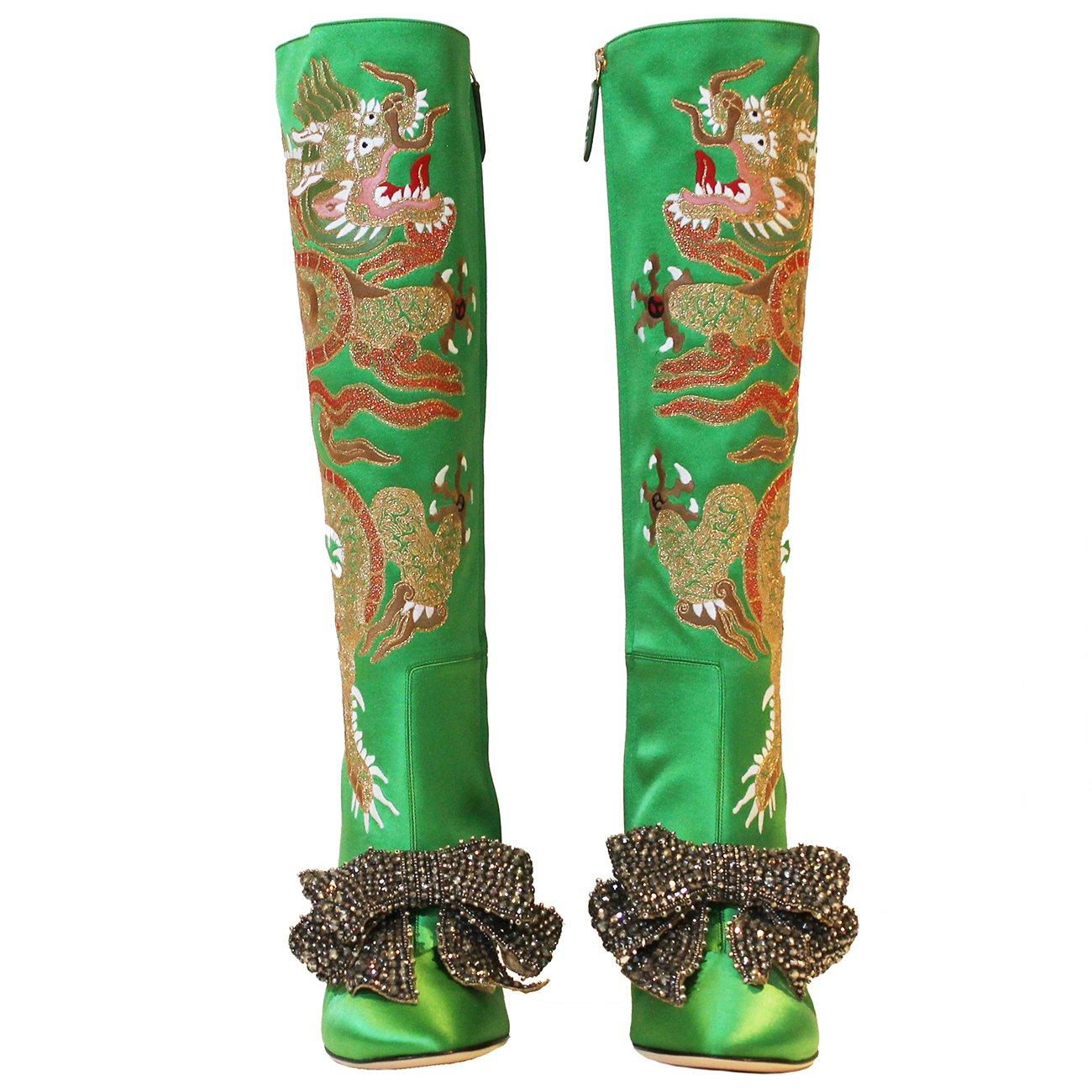Gucci Green Satin Knee Boots with Dragon Embroidery, 2017