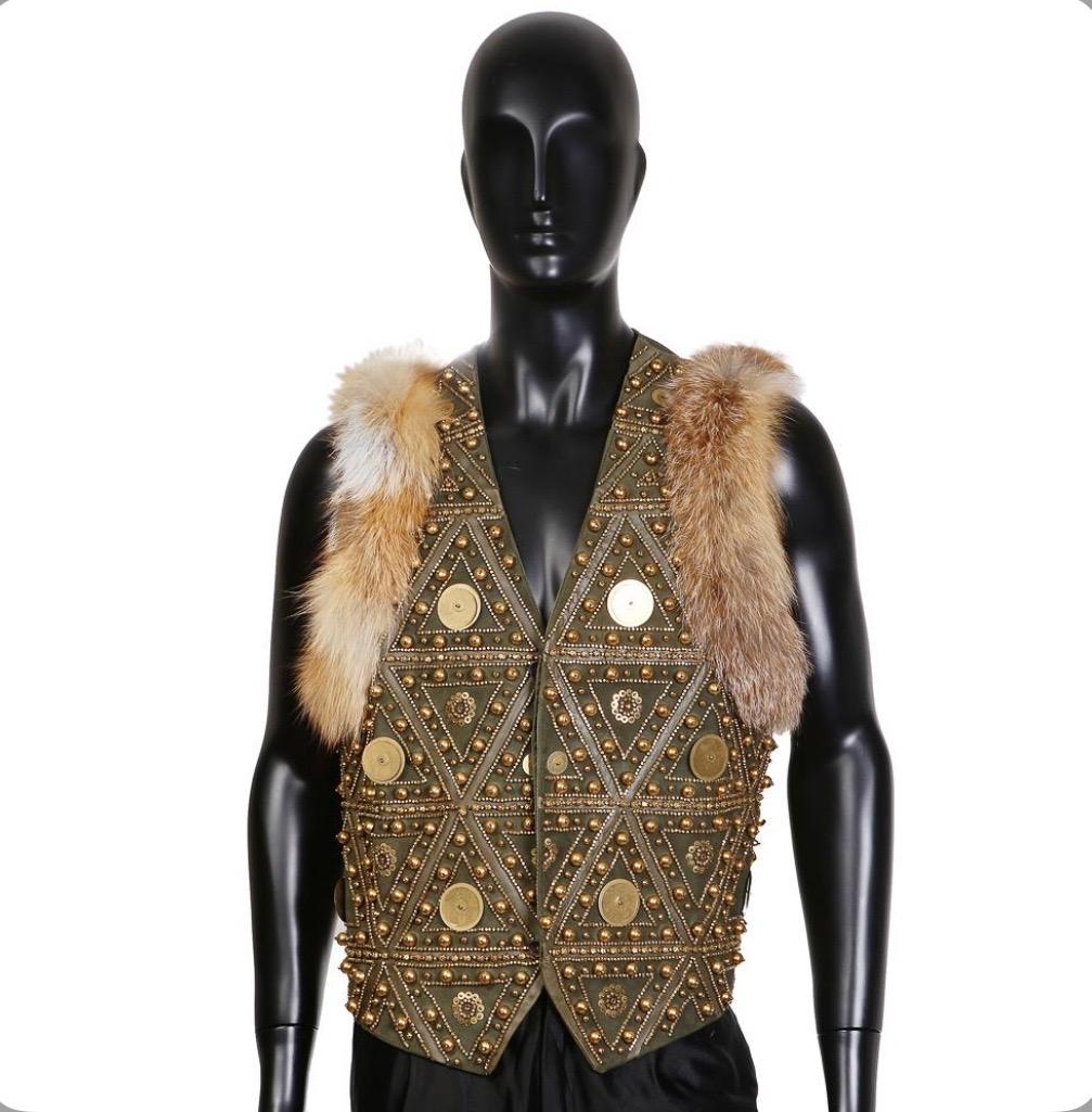 John Galliano Embellished Green Leather Vest with Fur Trim, 2000s In Excellent Condition In Los Angeles, CA