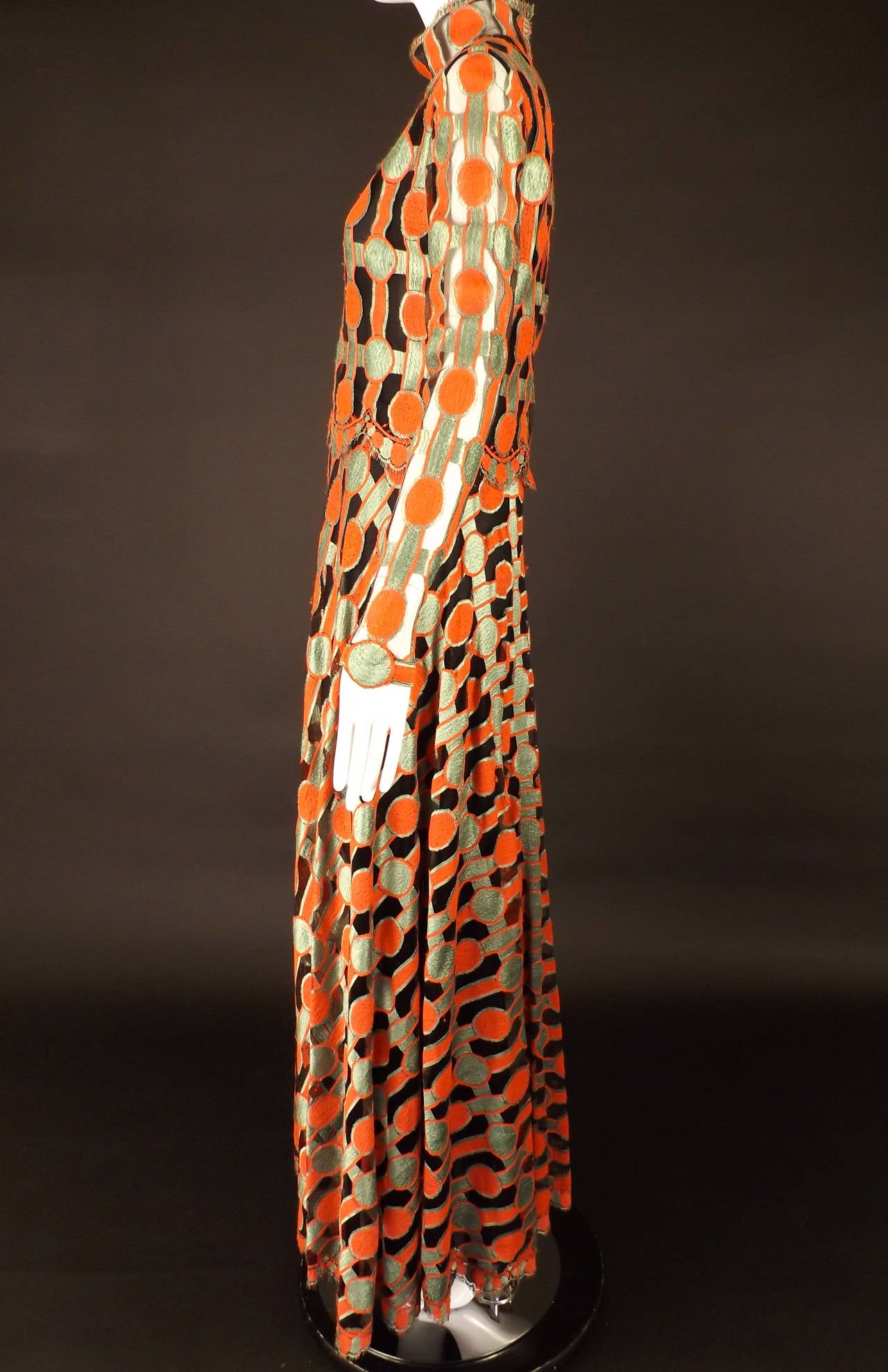 Women's c.1970s Galanos Embroidered Net Evening Gown