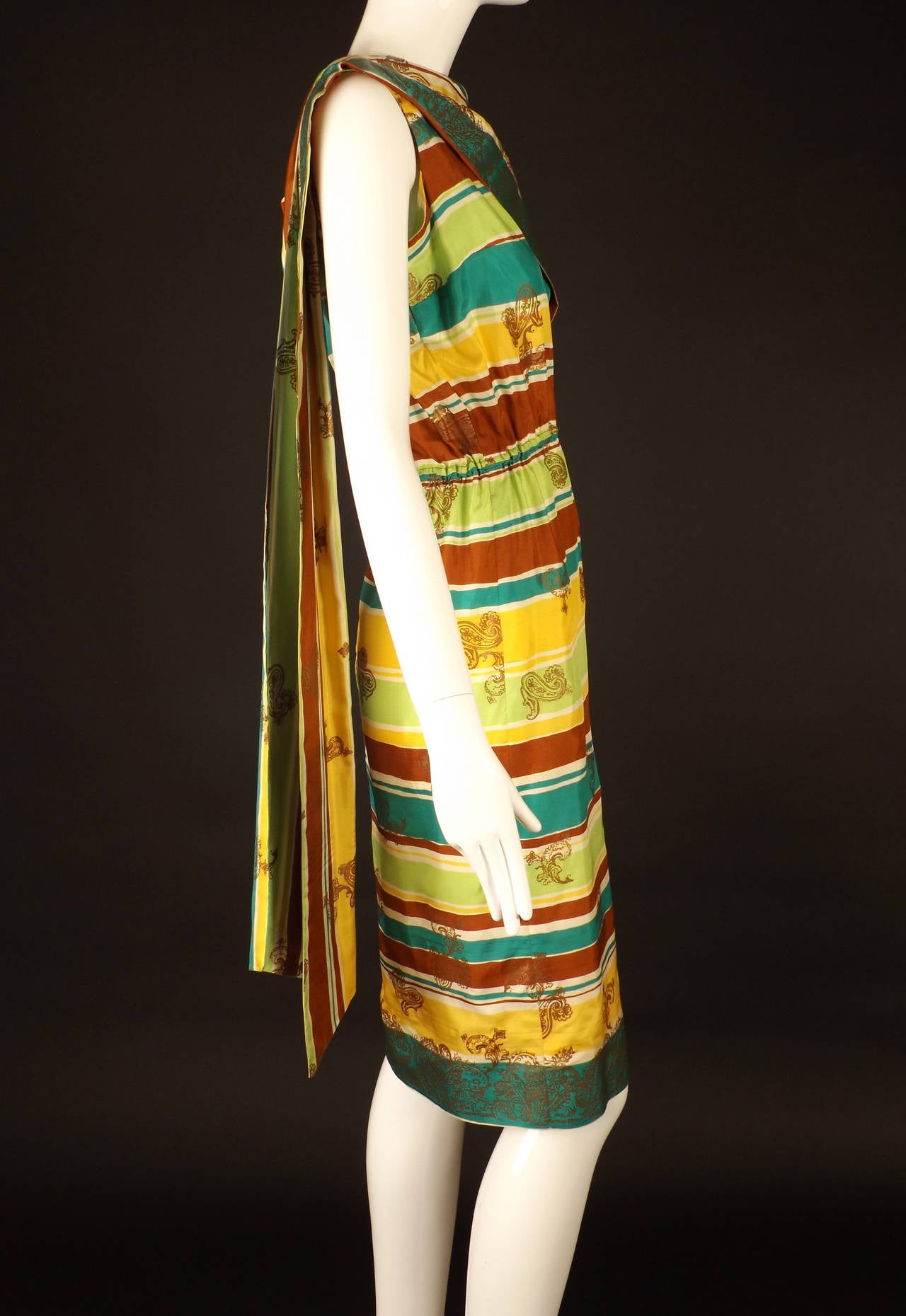1950s Shaheen Silk Stripe Screen Print Dress 1