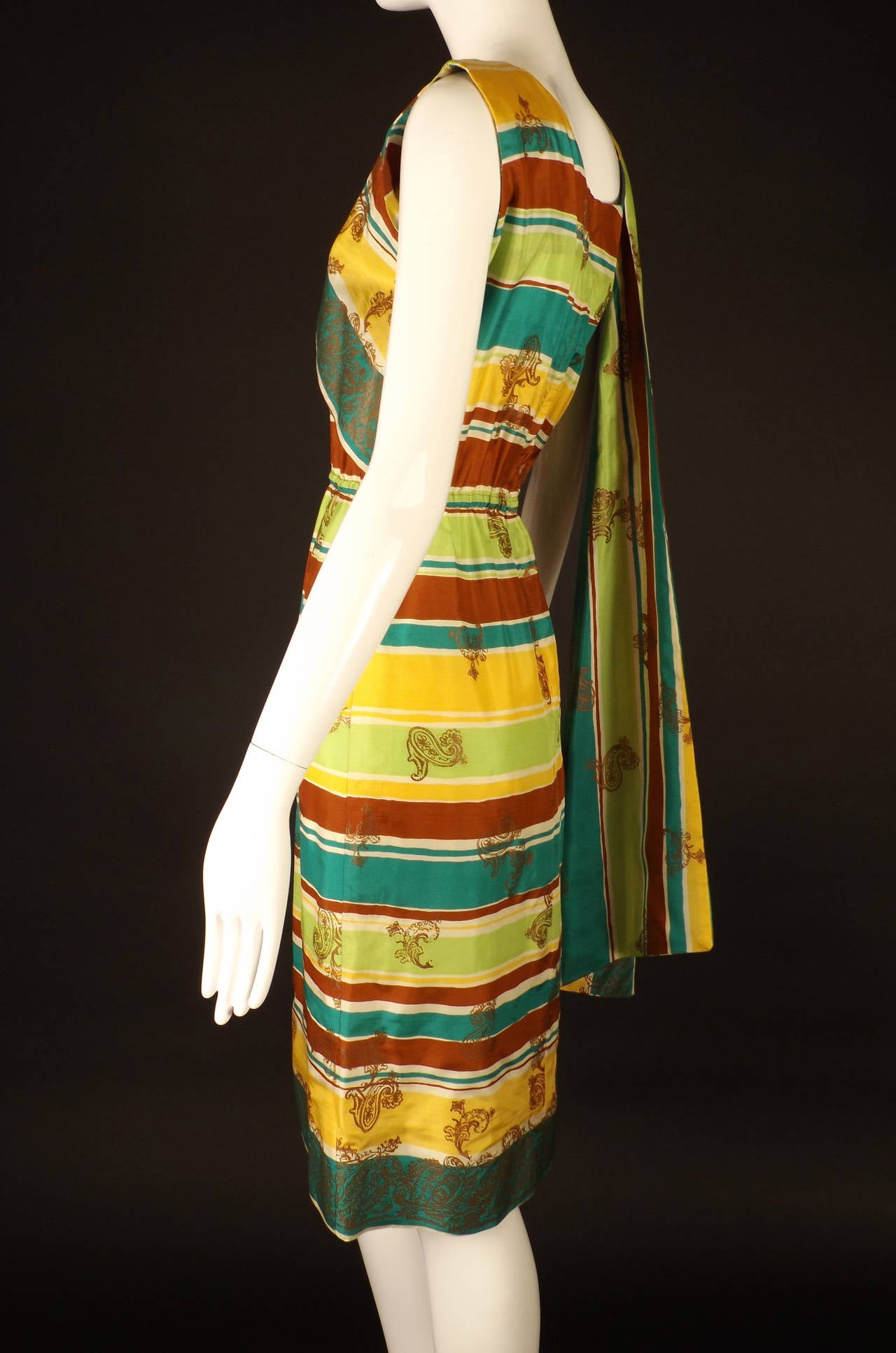 1950s Shaheen Silk Stripe Screen Print Dress In Excellent Condition In Dallas, TX