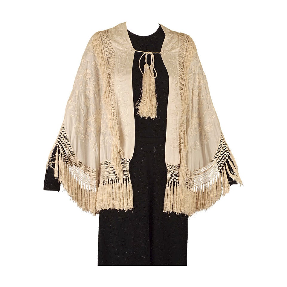 1920 Silk Embroidered & Fringe Piano Scarf Cape