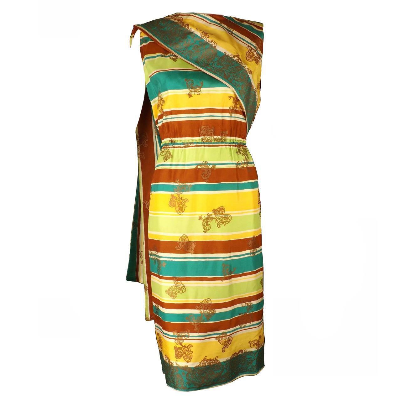 1950s Shaheen Silk Stripe Screen Print Dress