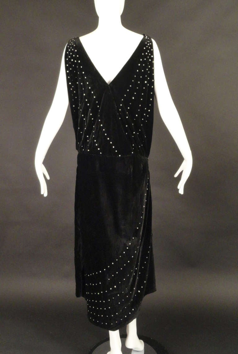 c.1920 Black Velvet & Rhinestone Evening Gown 1