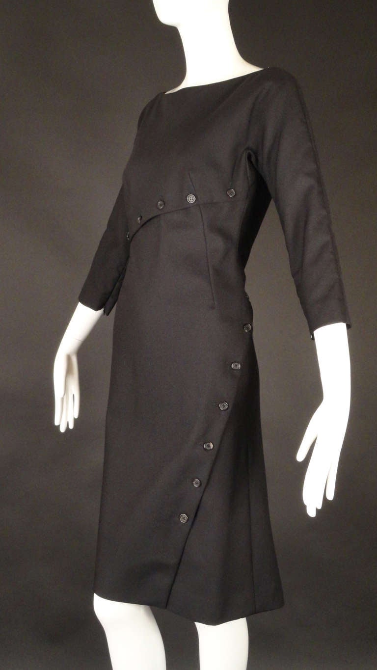 2007 Alexander McQueen Black Wool Button Dress-NEW ITEM In Excellent Condition In Dallas, TX