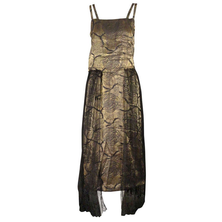 c.1920 Gold Bullion & Chantilly Lace Evening Dress For Sale