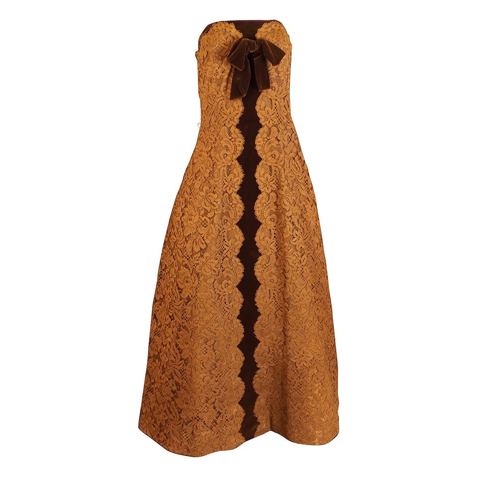 1960s Pierre Balmain Brown Lace Evening Gown For Sale
