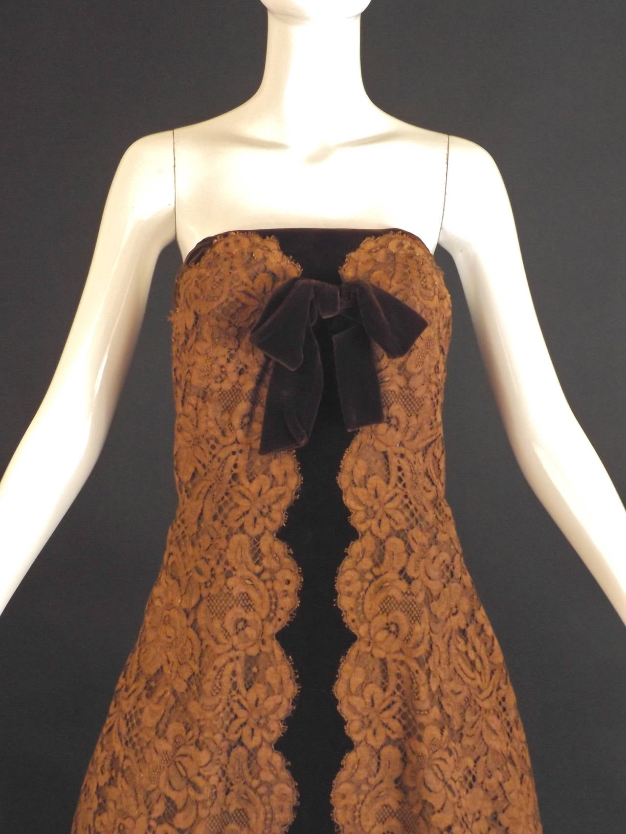 Women's 1960s Pierre Balmain Brown Lace Evening Gown For Sale