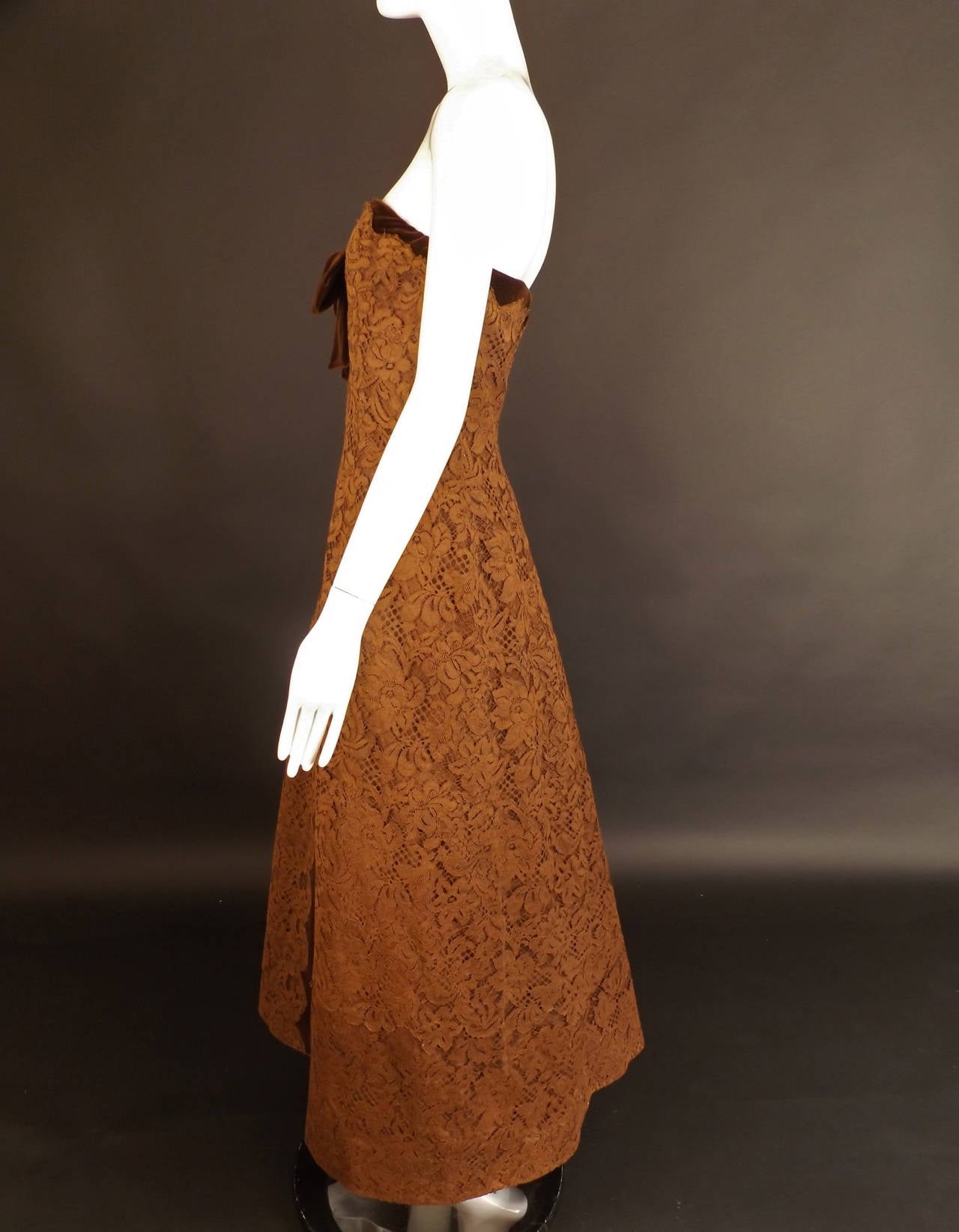 1960s Pierre Balmain Brown Lace Evening Gown For Sale 2